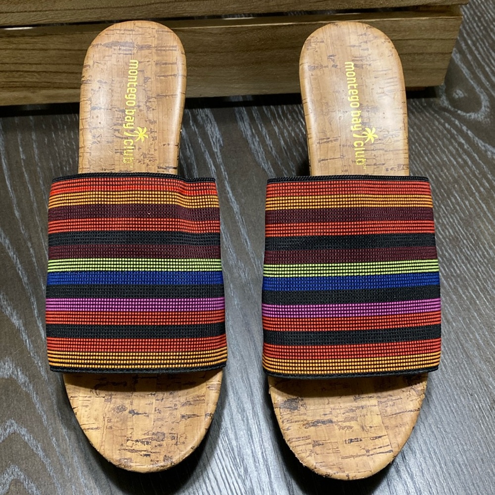 Beautiful Rainbow cork wedge heels by Montego Bay Club